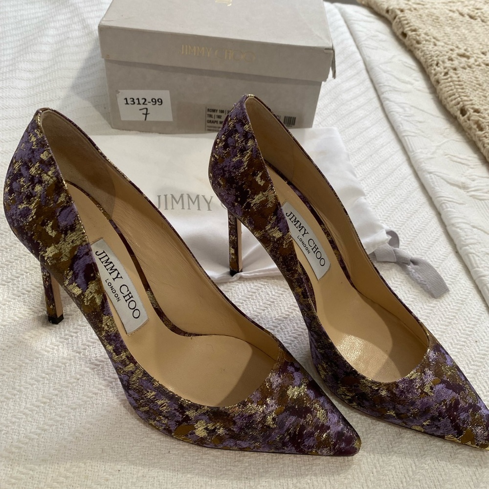 Jimmy Choo Purple and Gold Brocade Heels Size 7